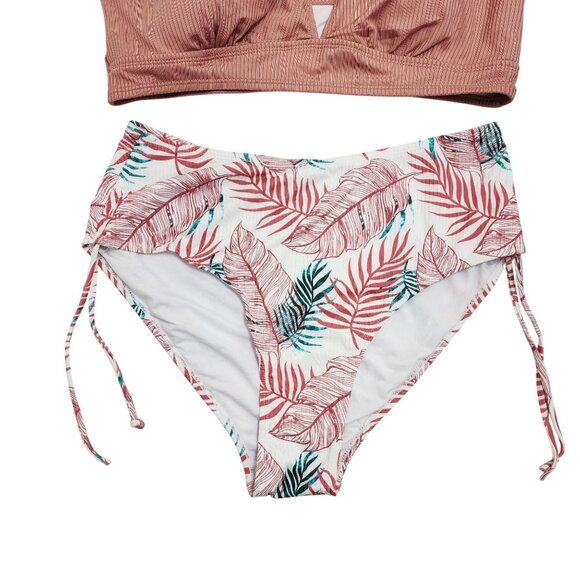 Two-Piece Bikini Set With Tropical Leaf Print & Ribbed Top Size XL Swimsuit - Picture 4 of 5